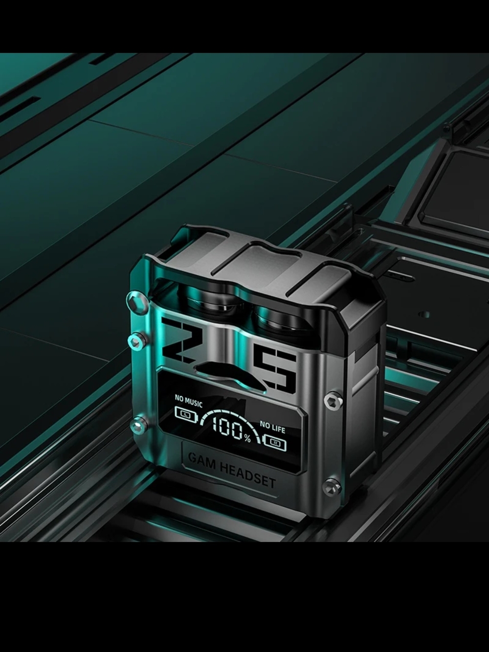 Gaming Earbud Case in Metallic Gray and Teal
